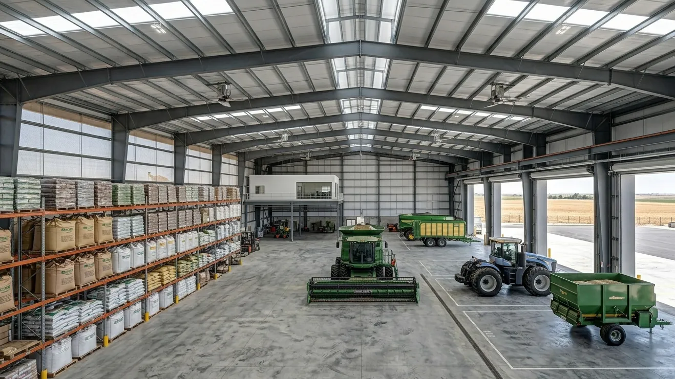 Agricultural steel hangar for equipment and livestock storage