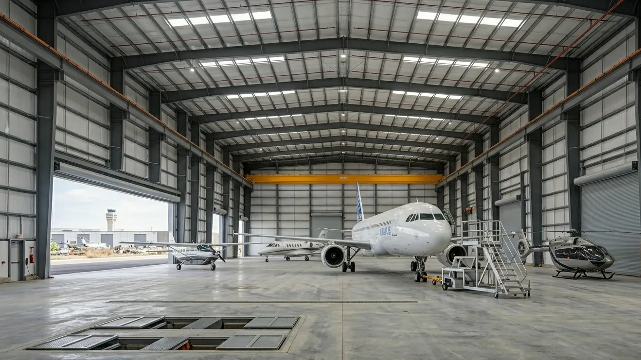 Aircraft hangar interior with S355 steel structure in Jordan
