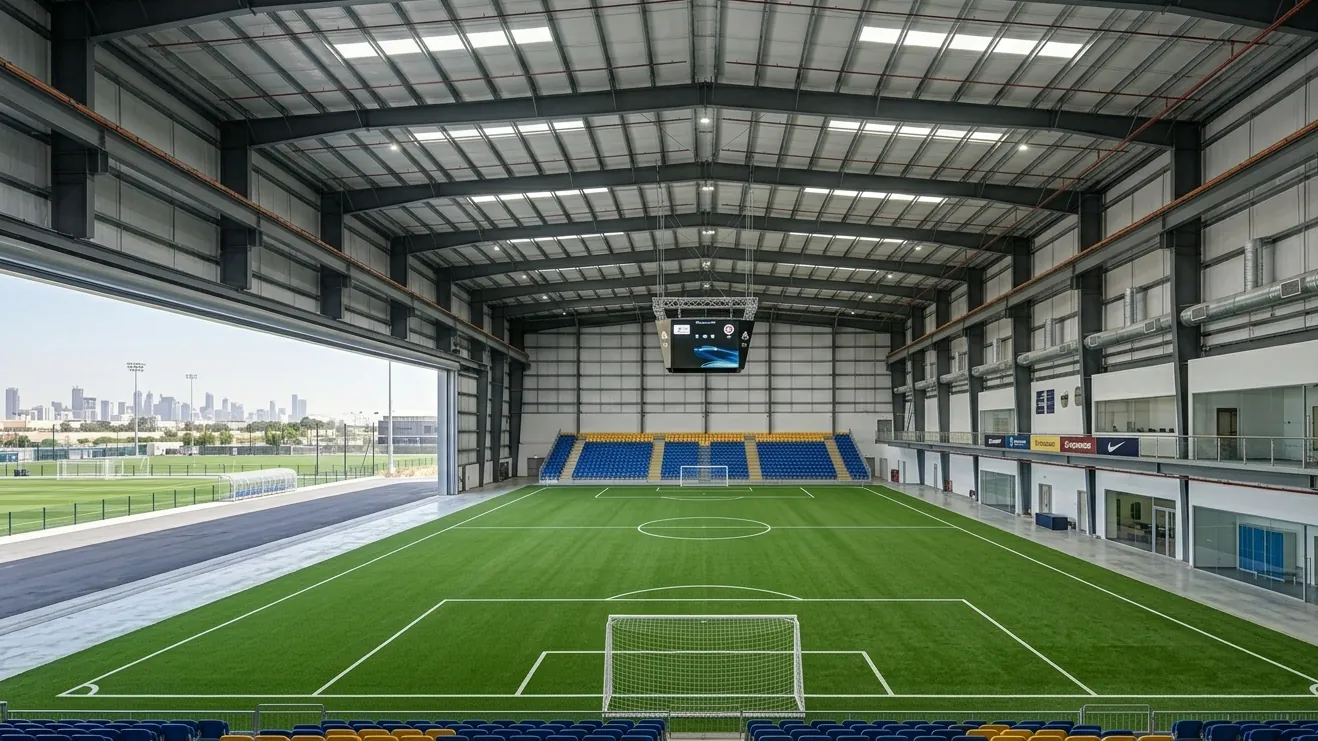 Indoor sports facility with steel clear-span roof