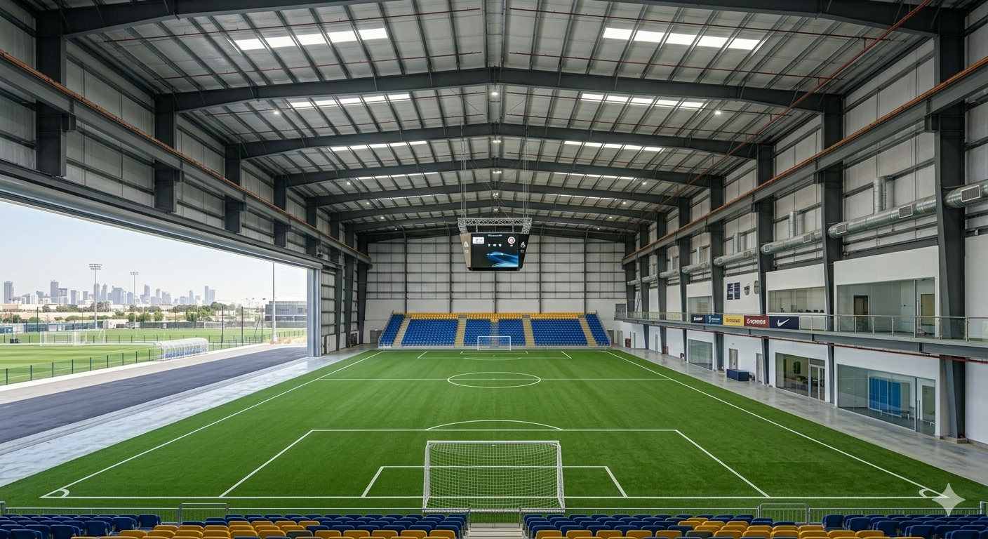 Indoor sports facility with steel clear-span roof